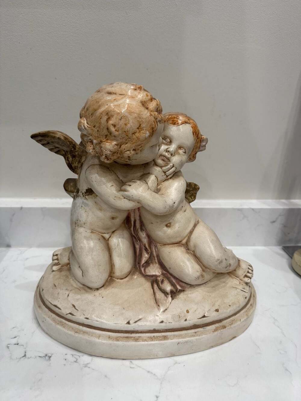 Vintage Alabaster Finish Ceramic Cherubs Kissing Statue Sculpture